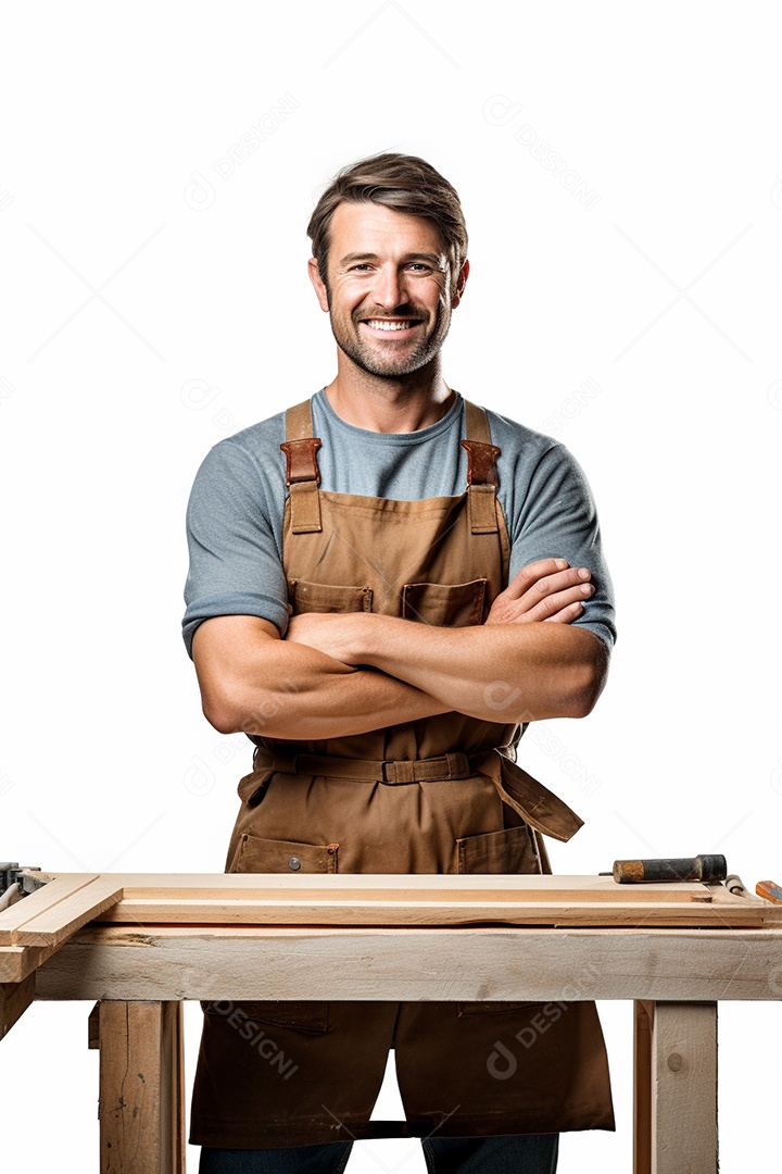 Um carpinteiro feliz com os braços cruzados