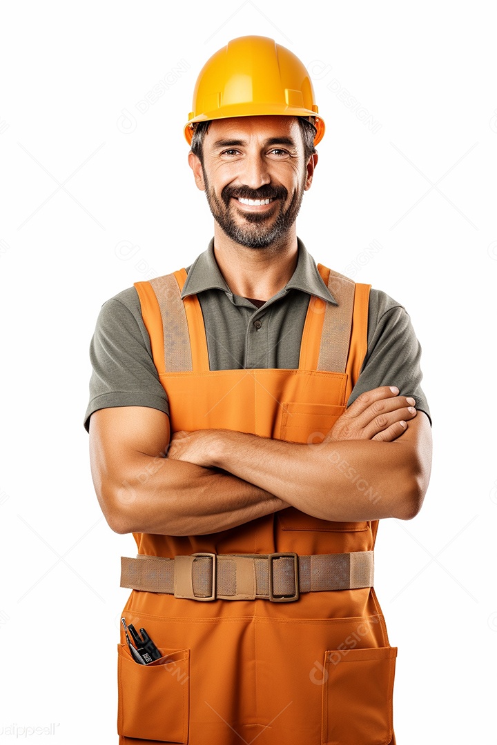 Um carpinteiro feliz com os braços cruzados