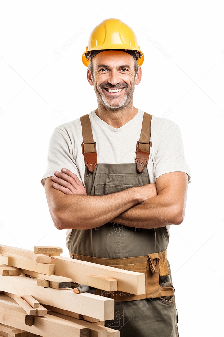Um carpinteiro feliz com os braços cruzados