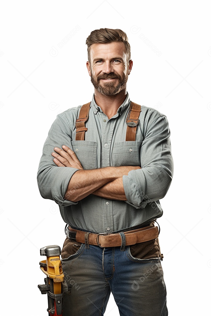 Um carpinteiro feliz com os braços cruzados