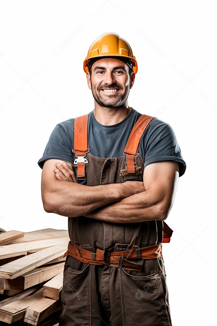Um carpinteiro feliz com os braços cruzados