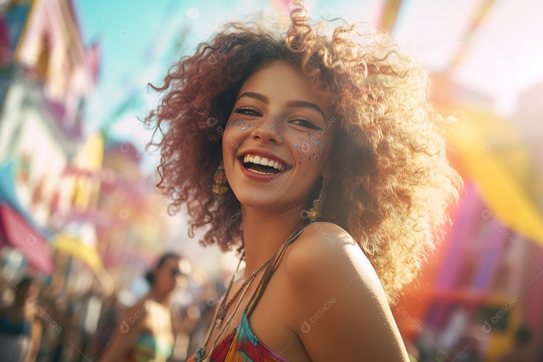 Uma jovem sorrindo durante um festival de carnaval no Brasil