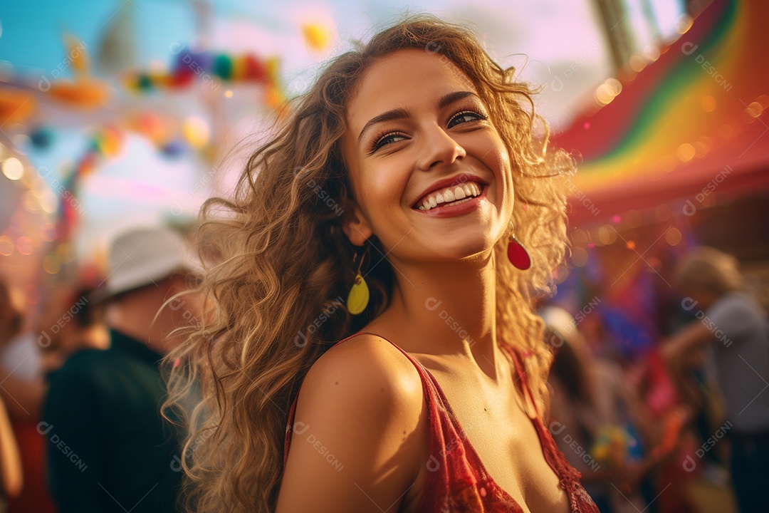 Uma jovem sorrindo durante um festival de carnaval no Brasil