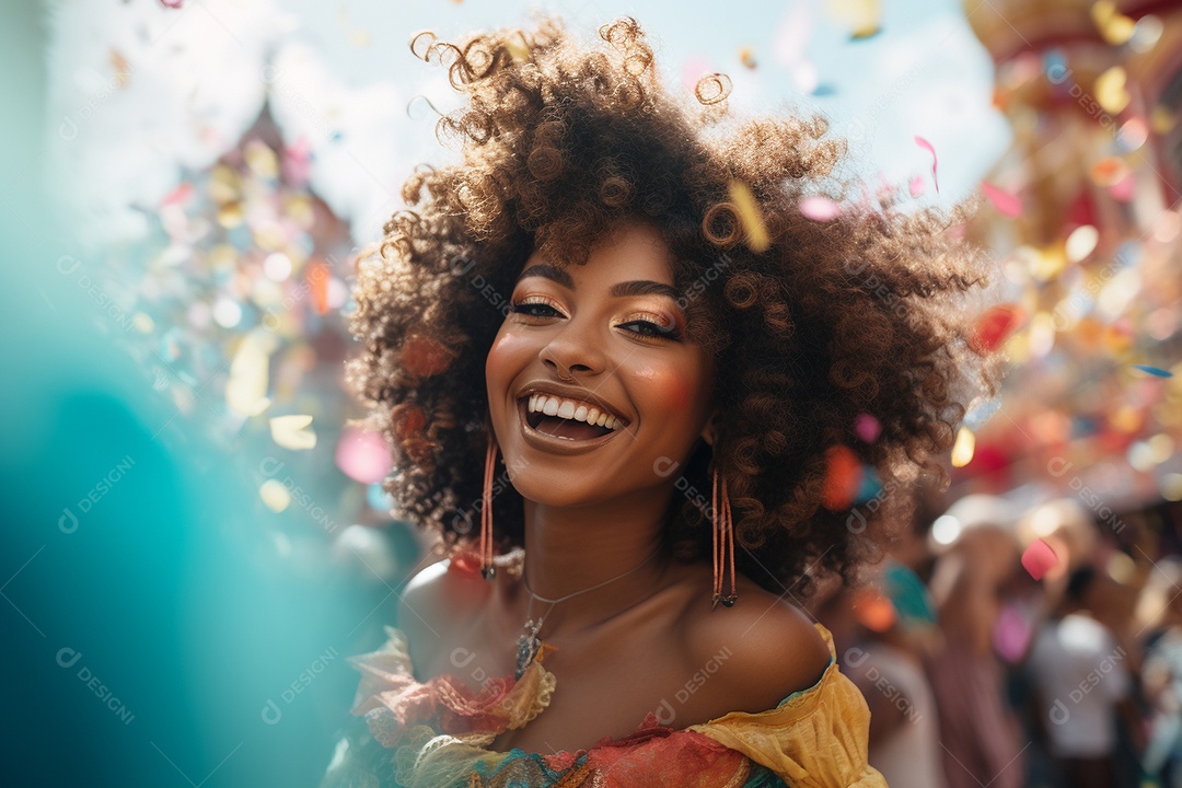 Uma jovem sorrindo durante um festival de carnaval no Brasil