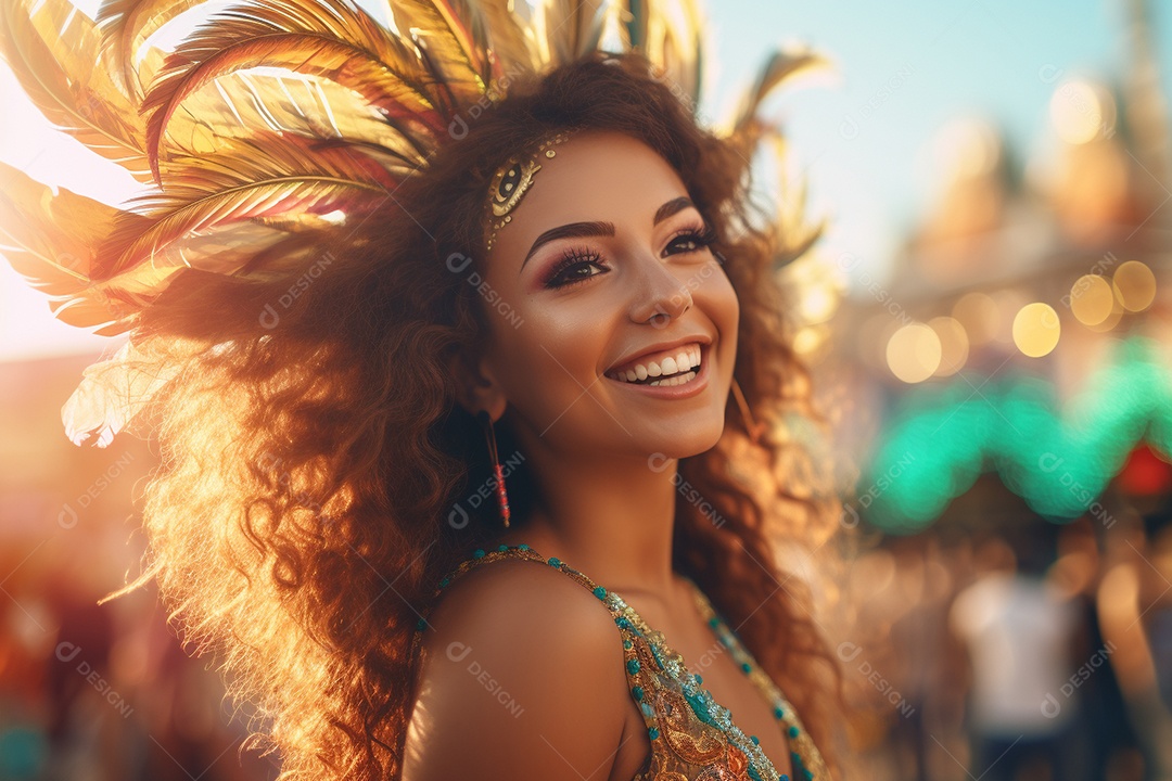Uma jovem sorrindo durante um festival de carnaval no Brasil