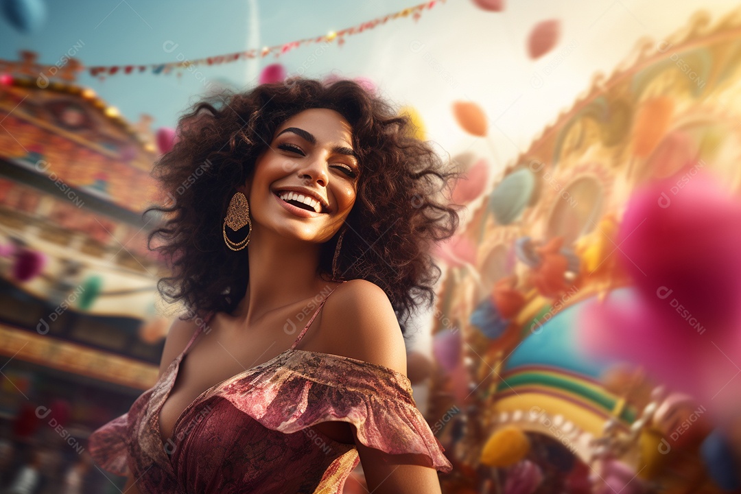 Uma jovem sorrindo durante um festival de carnaval no Brasil