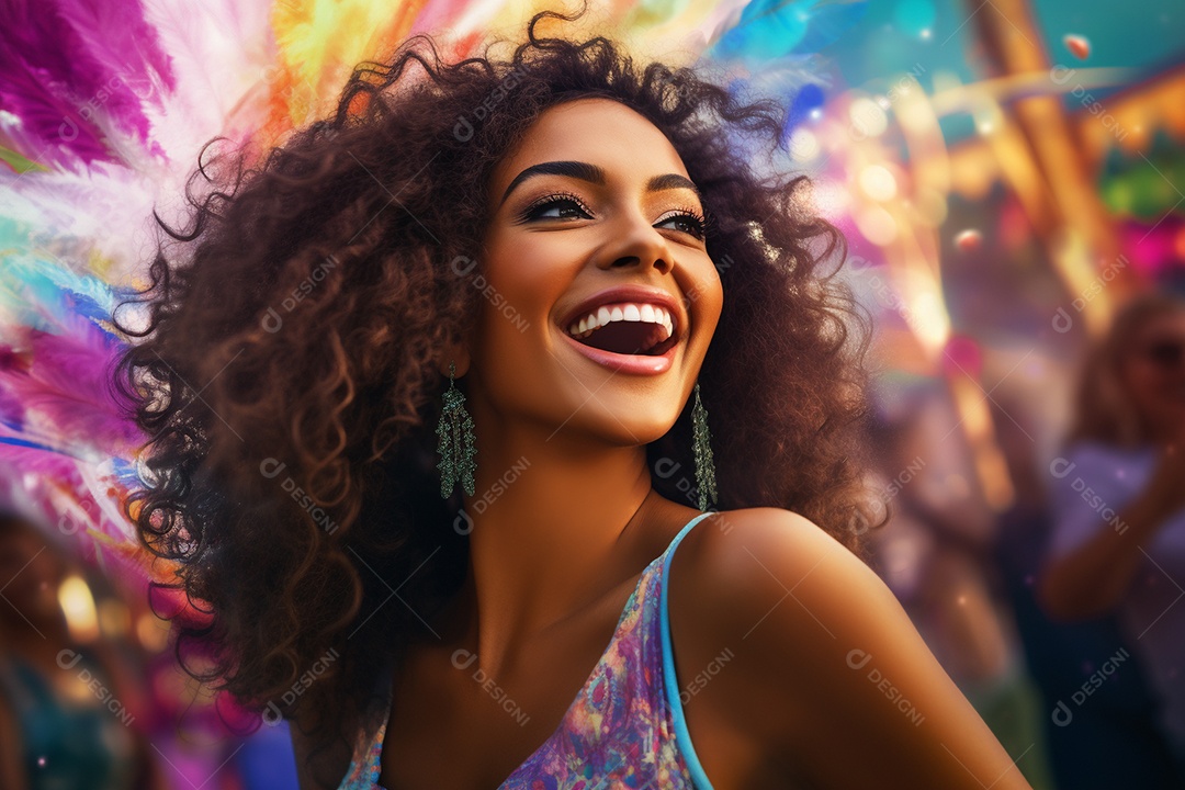 Uma jovem sorrindo durante um festival de carnaval no Brasil