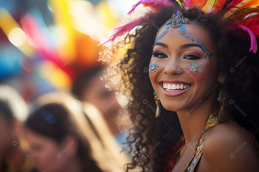 Uma jovem sorrindo durante um festival de carnaval no Brasil