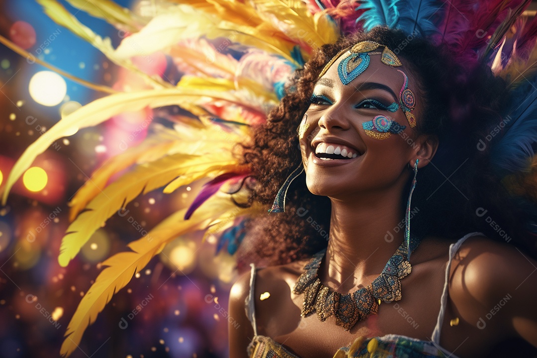 Uma jovem sorrindo durante um festival de carnaval no Brasil
