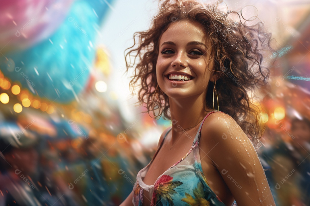 Uma jovem sorrindo durante um festival de carnaval no Brasil