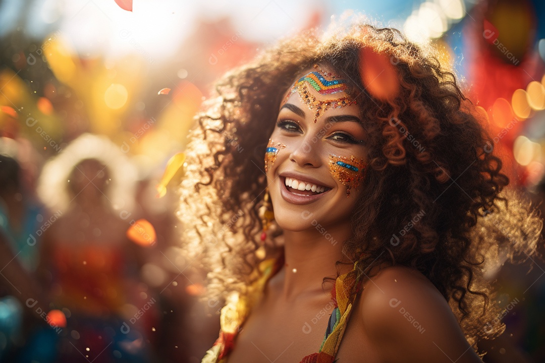 Uma jovem sorrindo durante um festival de carnaval no Brasil