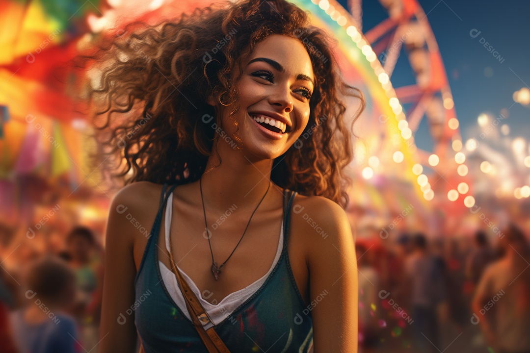 Uma jovem sorrindo durante um festival de carnaval no Brasil