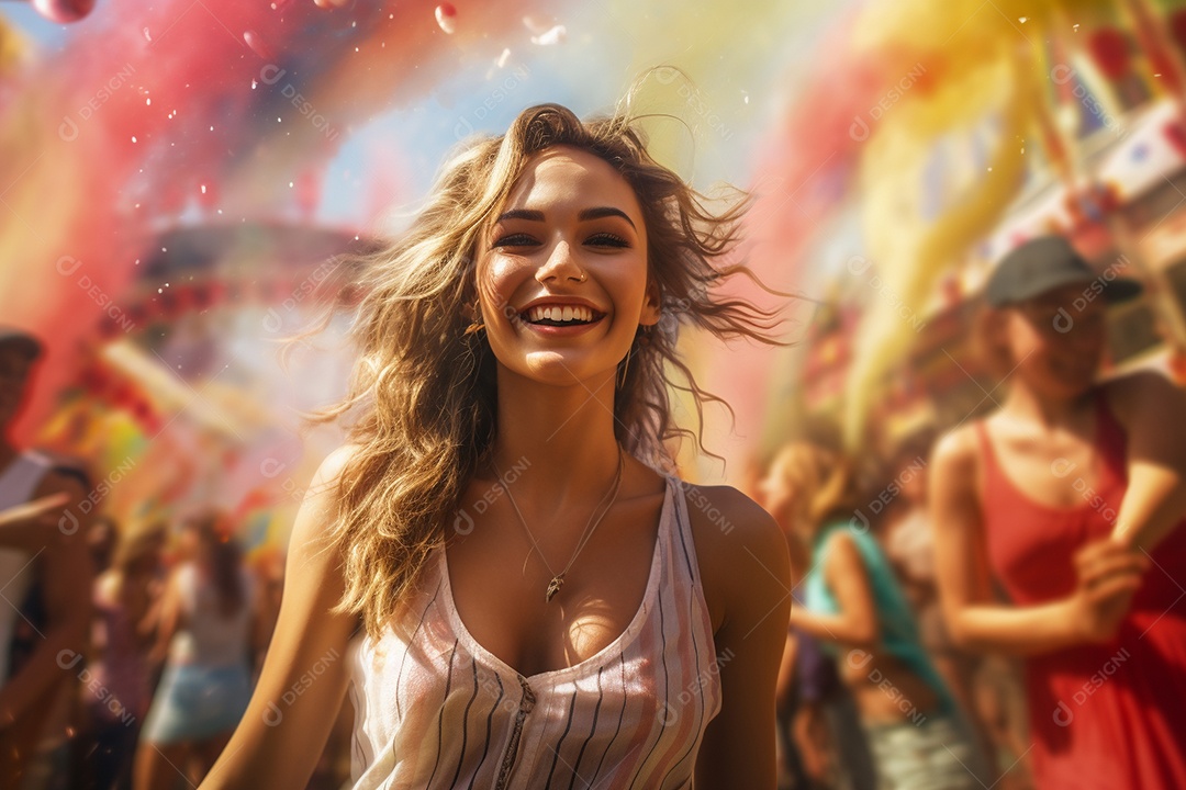 Uma jovem sorrindo durante um festival de carnaval no Brasil
