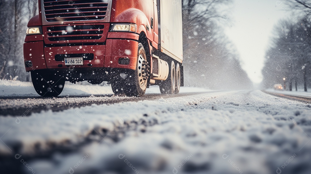 Caminhão dirigindo por uma rodovia no dia de neve