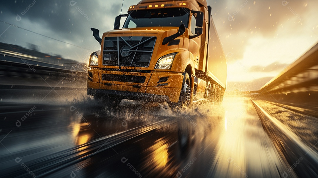 Caminhão dirigindo por uma rodovia no dia de neve