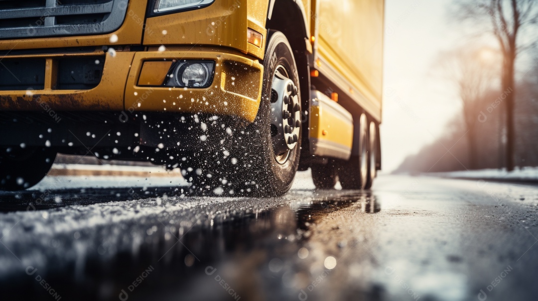 Caminhão dirigindo por uma rodovia no dia de neve