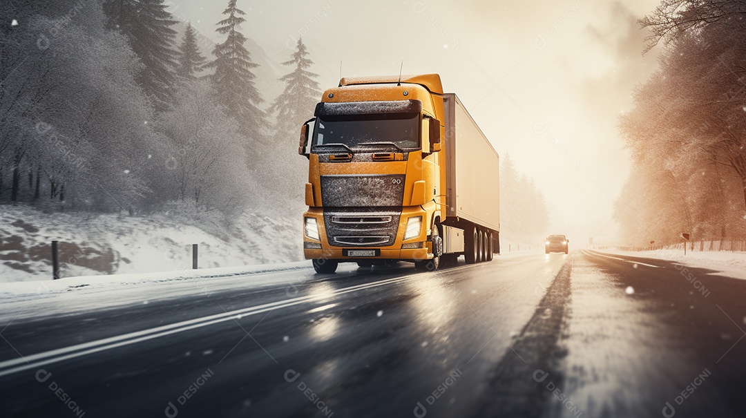 Caminhão dirigindo por uma rodovia no dia de neve