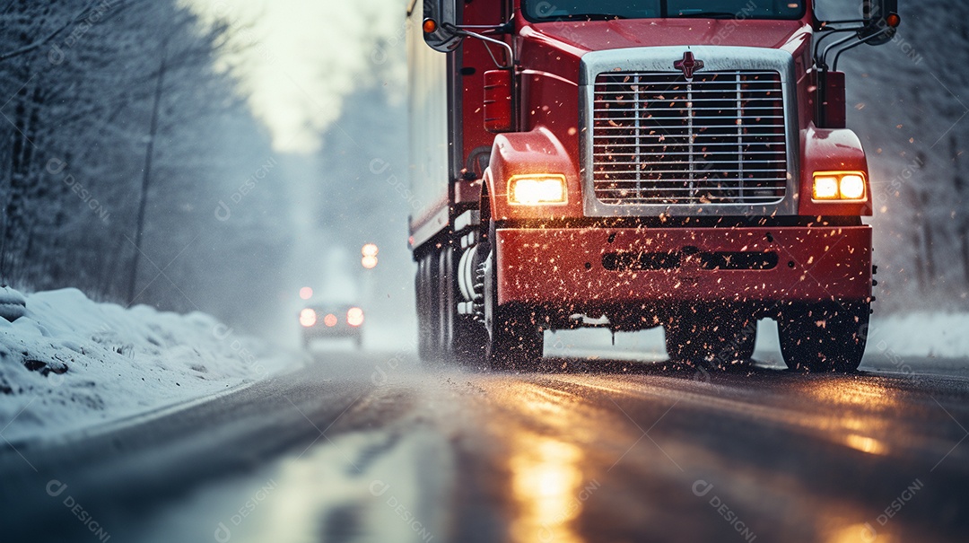 Caminhão dirigindo por uma rodovia no dia de neve