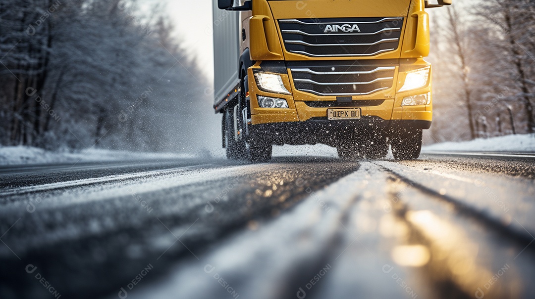 Caminhão dirigindo por uma rodovia no dia de neve