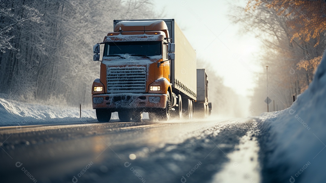 Caminhão dirigindo por uma rodovia no dia de neve