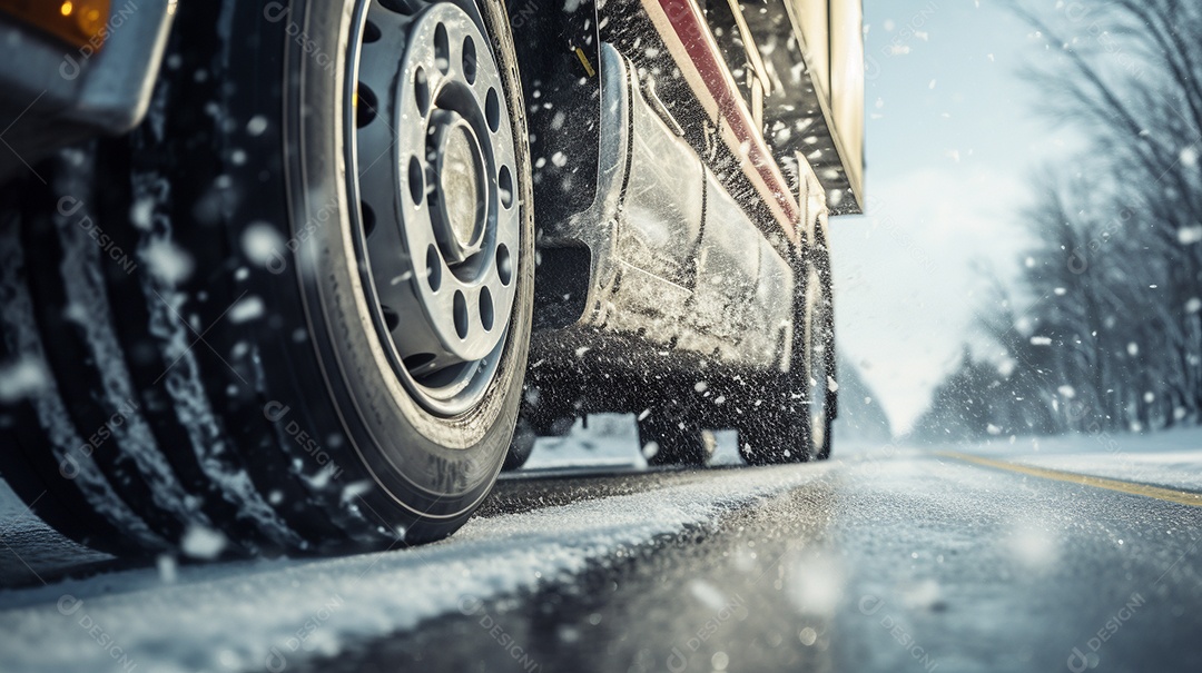 Caminhão dirigindo por uma rodovia no dia de neve