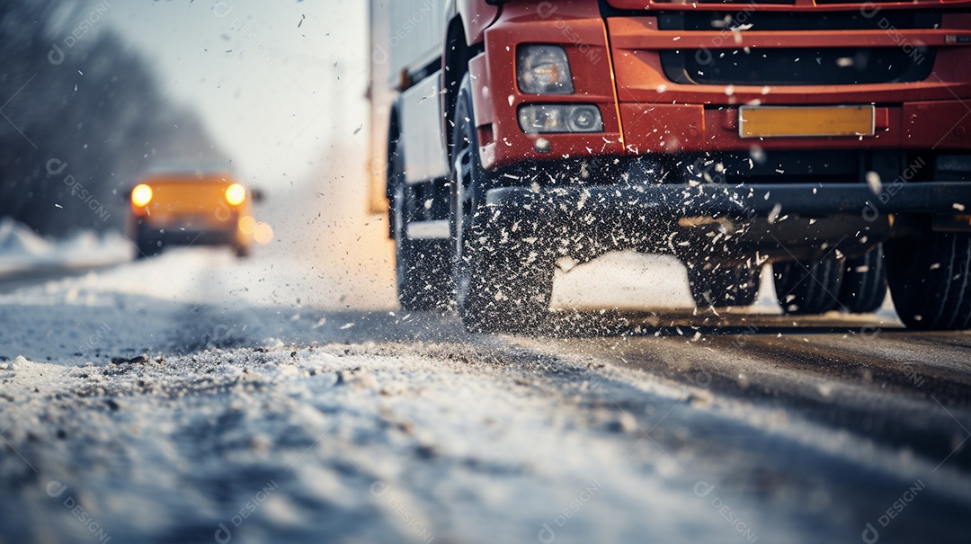 Caminhão dirigindo por uma rodovia no dia de neve