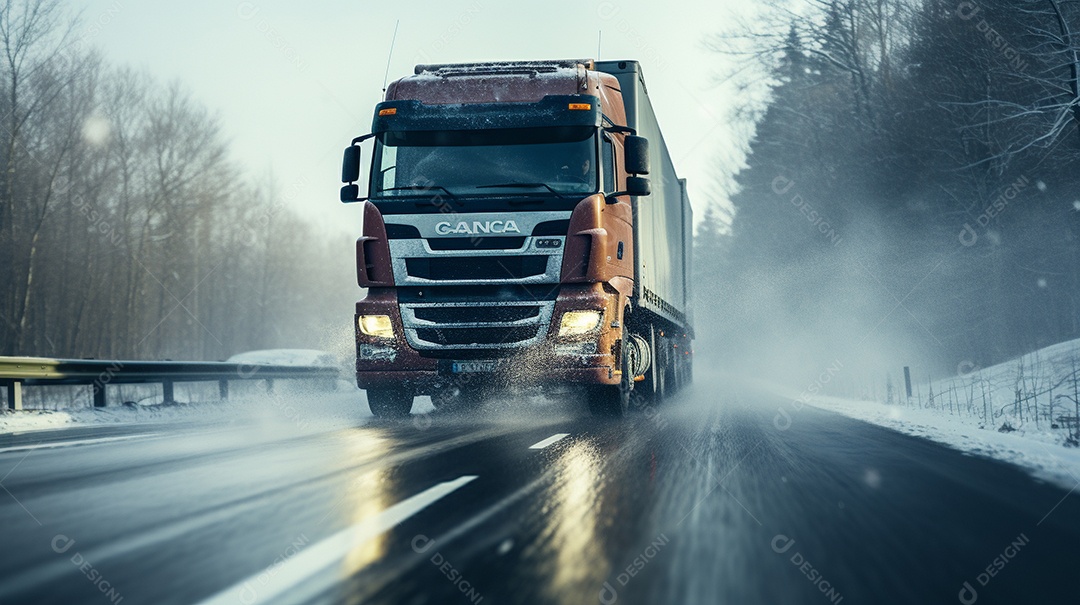 Caminhão dirigindo por uma rodovia no dia de neve