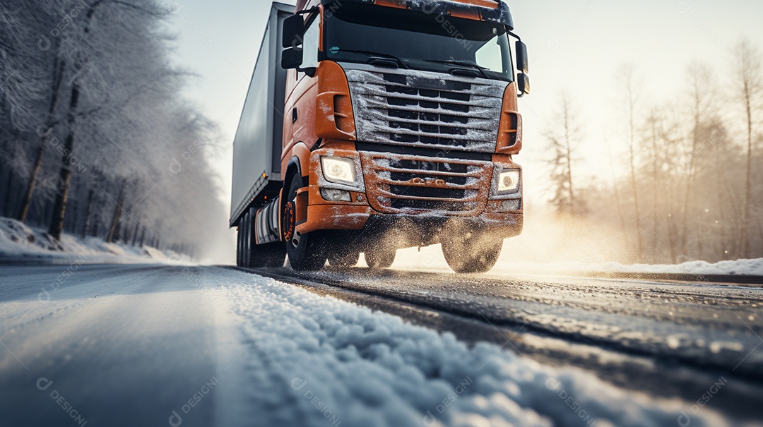 Caminhão dirigindo por uma rodovia no dia de neve