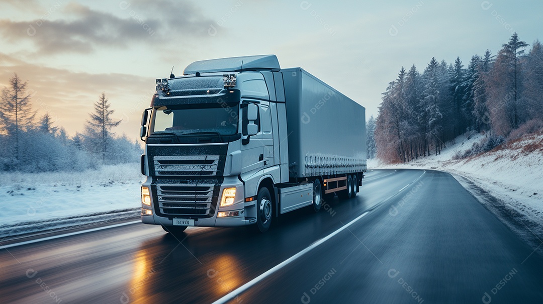 Caminhão dirigindo por uma rodovia no dia de neve