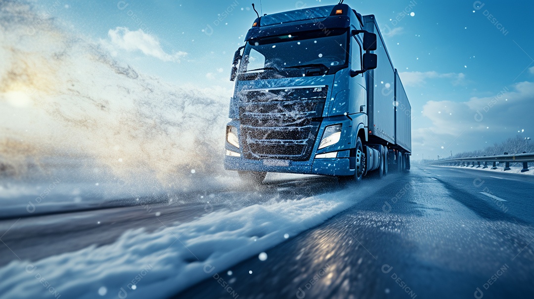 Caminhão dirigindo por uma rodovia no dia de neve