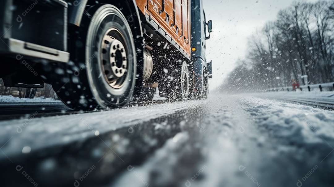 Caminhão dirigindo por uma rodovia no dia de neve