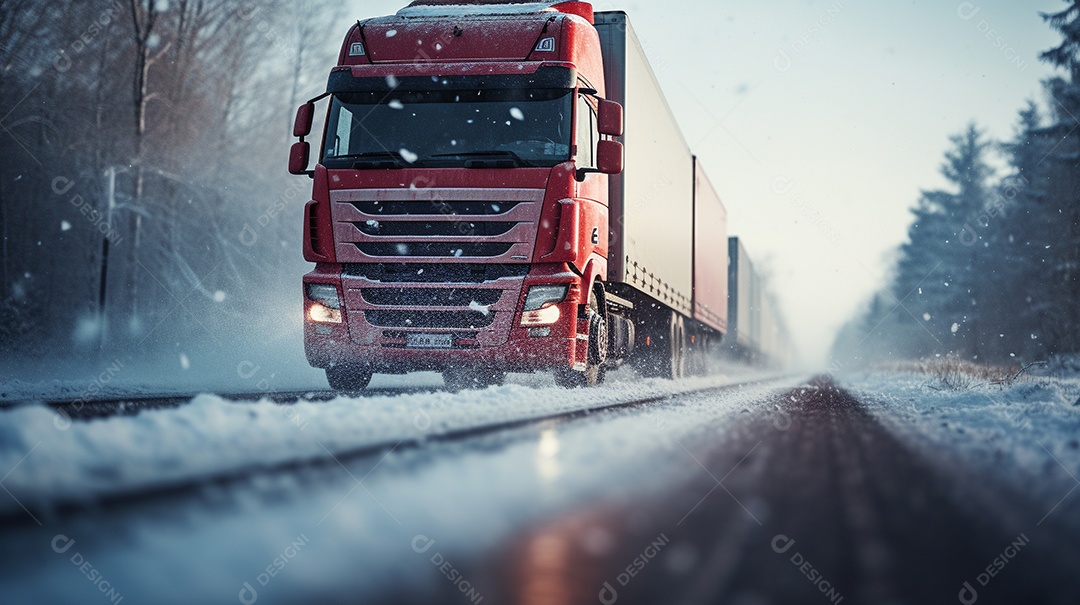 Caminhão dirigindo por uma rodovia no dia de neve