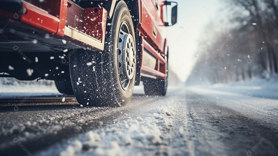 Caminhão dirigindo por uma rodovia no dia de neve