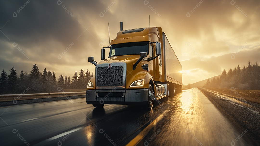 Caminhão dirigindo por uma rodovia no dia de neve