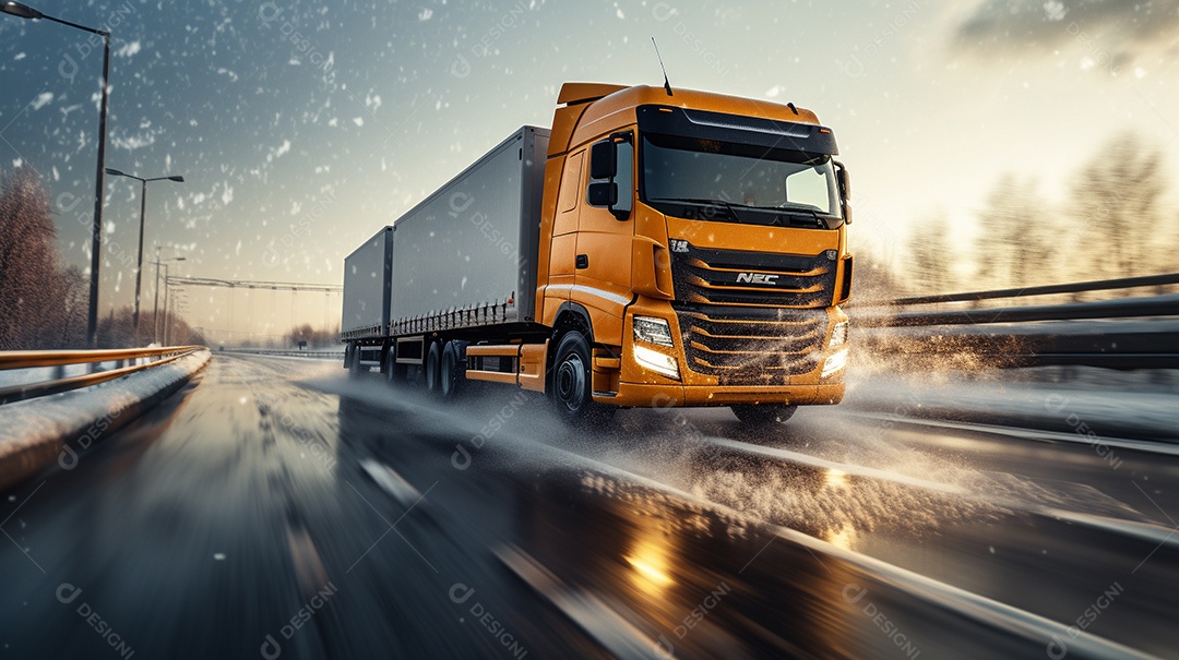 Caminhão dirigindo por uma rodovia no dia de neve