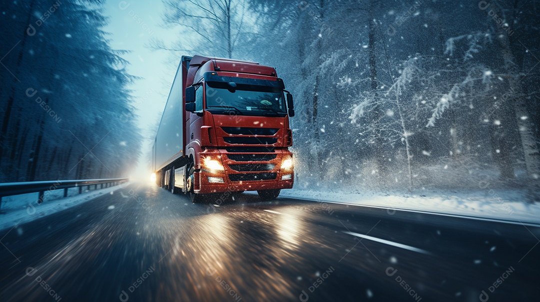 Caminhão dirigindo por uma rodovia no dia de neve