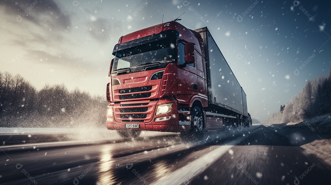 Caminhão dirigindo por uma rodovia no dia de neve