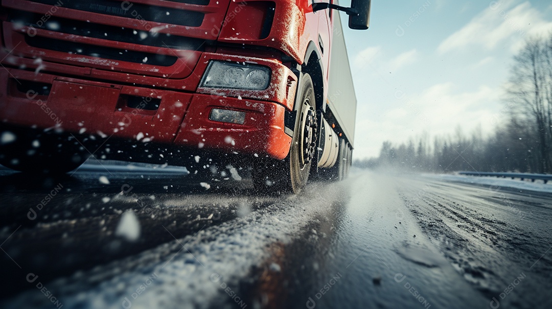 Caminhão dirigindo por uma rodovia no dia de neve