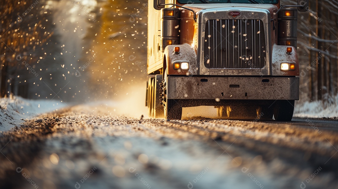 Caminhão dirigindo por uma rodovia no dia de neve