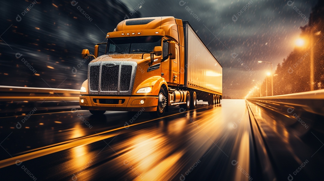 Caminhão dirigindo por uma rodovia no dia de neve