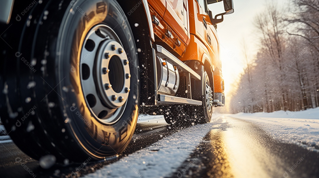 Caminhão dirigindo por uma rodovia no dia de neve