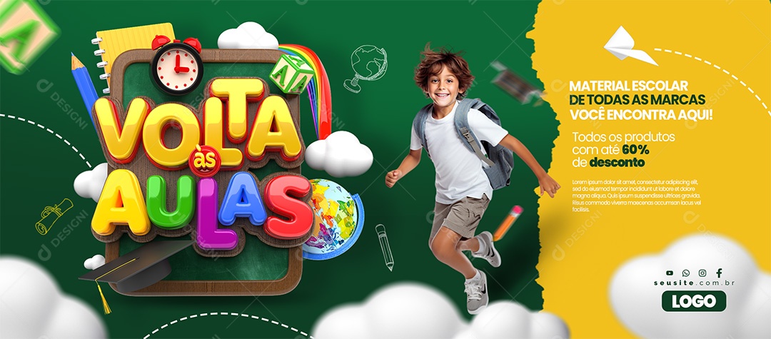Banner Volta às Aulas Papelaria Todos os produtos com até 60% de desconto Social Media PSD Editável