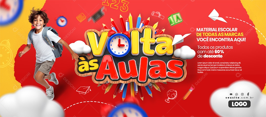 Banner Volta às Aulas Papelaria Material Escolar de Todas as Marcas Você Encontra Aqui Social Media PSD Editável