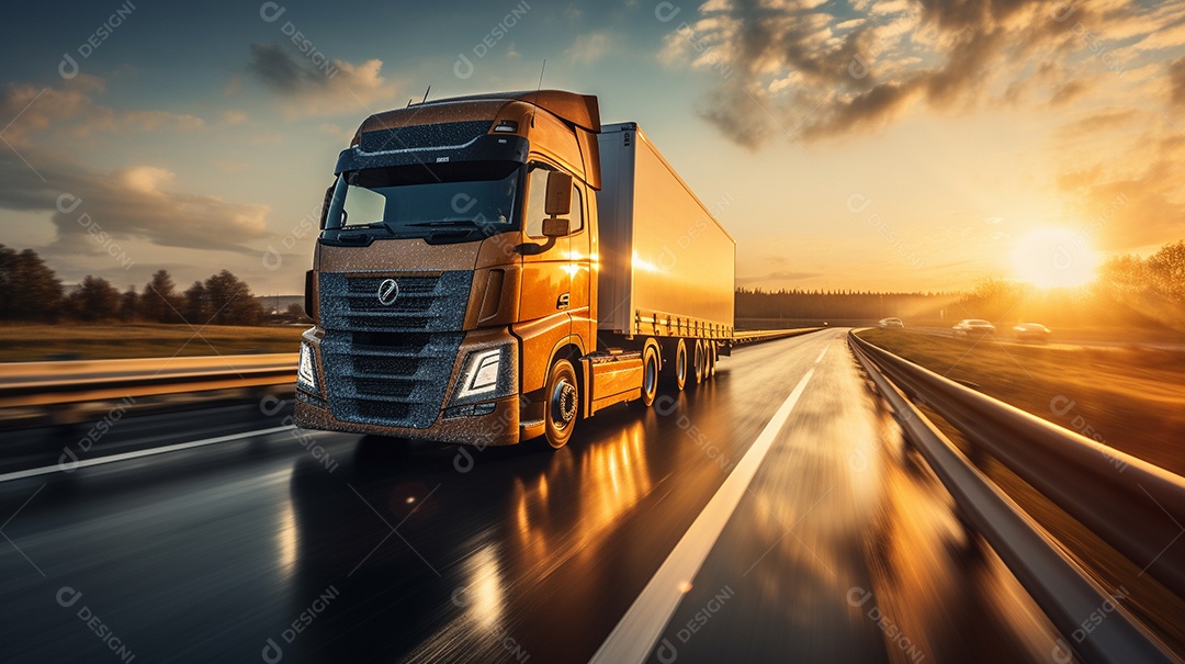 Caminhão dirigindo por uma rodovia em um dia ensolarado