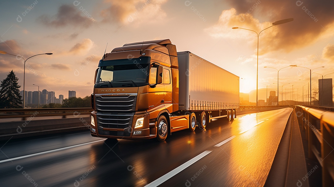 Caminhão dirigindo por uma rodovia em um dia ensolarado