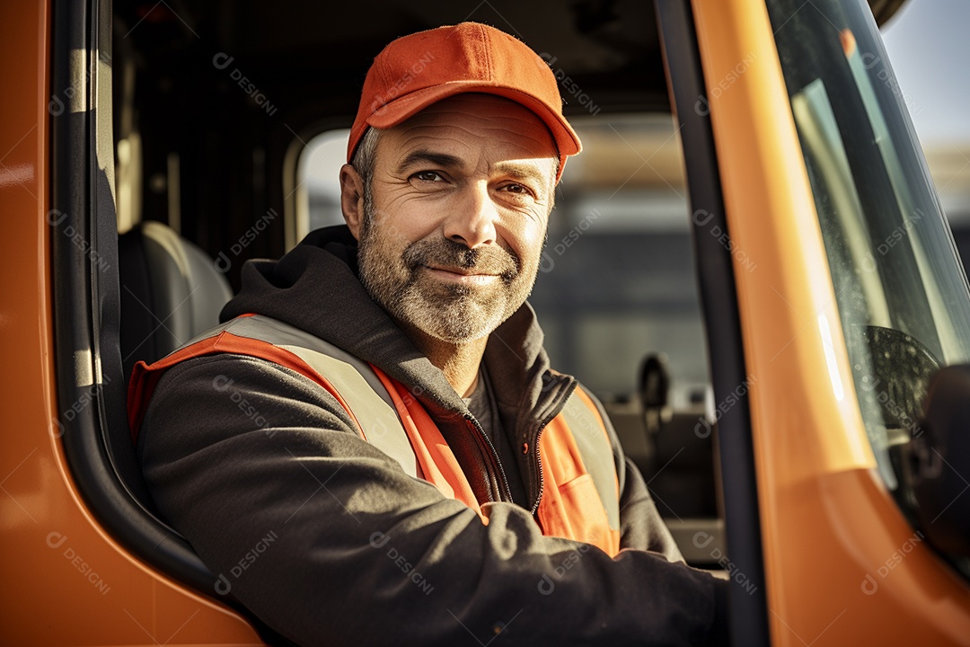 Motorista de carga sorridente com caminhão