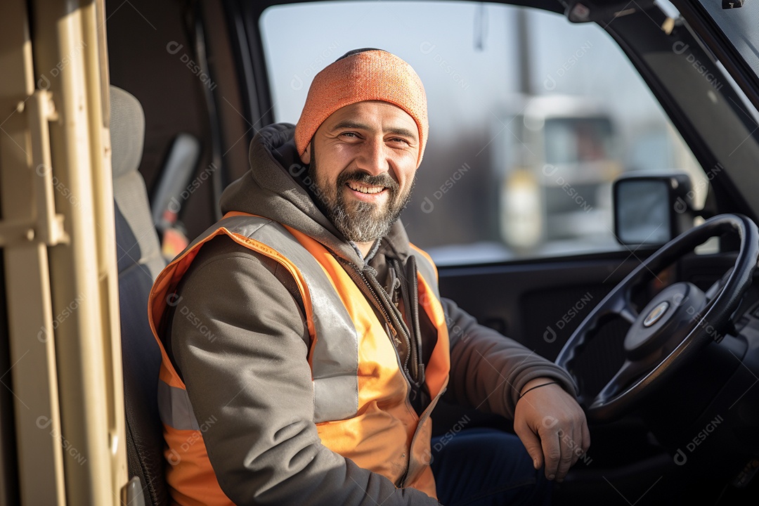 Motorista de carga sorridente com caminhão