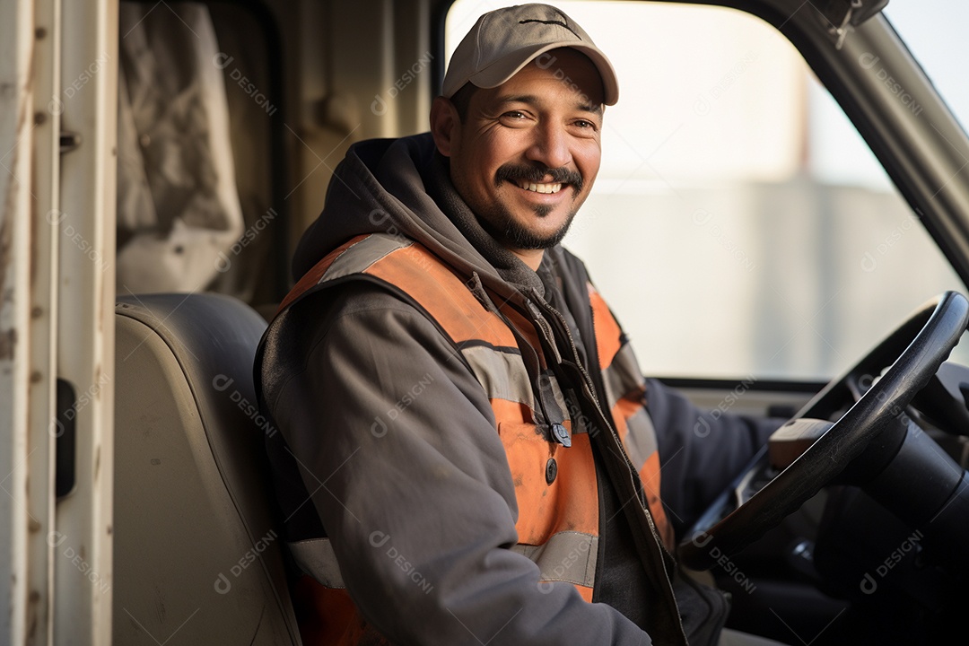 Motorista de carga sorridente com caminhão