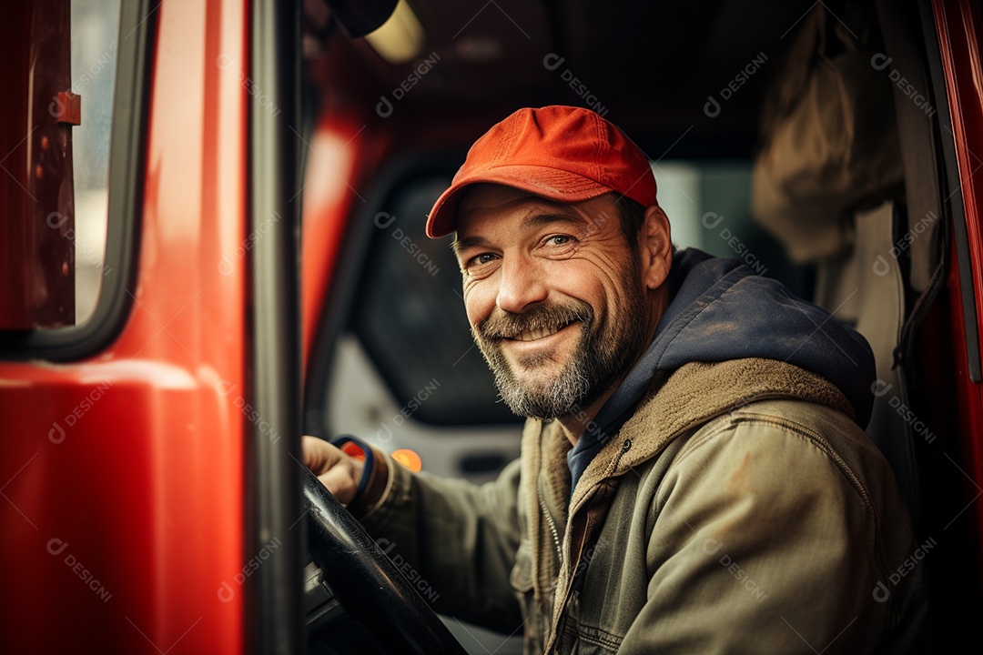 Motorista de carga sorridente com caminhão