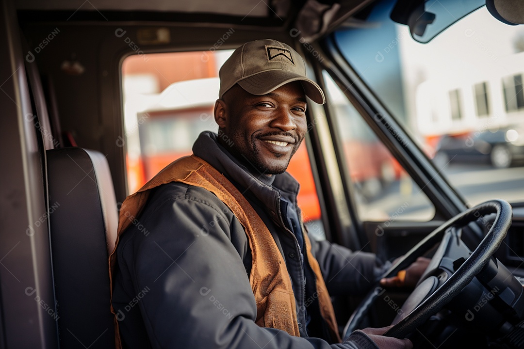 Motorista de carga sorridente com caminhão